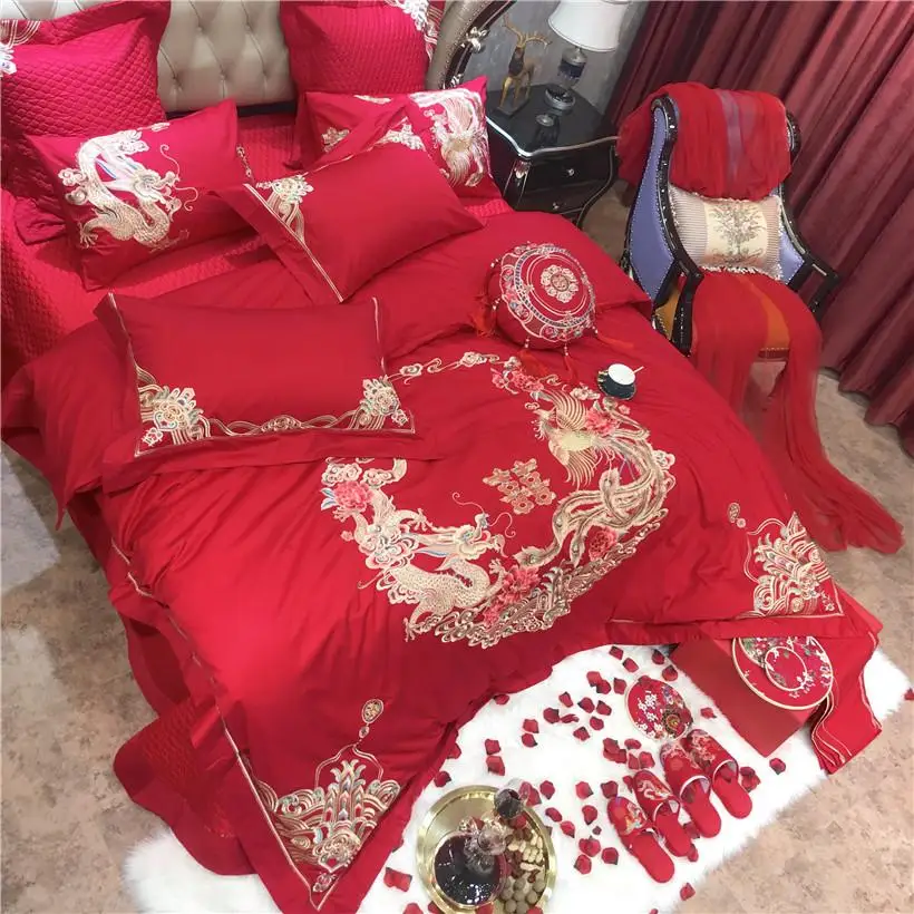 Египетский хлопок китайские свадебные красные постельное белье шикарный