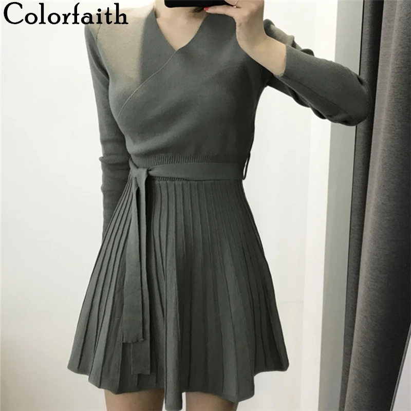 Colorfaith, новинка, осенне-зимние женские вязаные платья, модное повседневное женское плиссированное платье с v-образным вырезом, на шнуровке, женское платье с поясом, DR9875