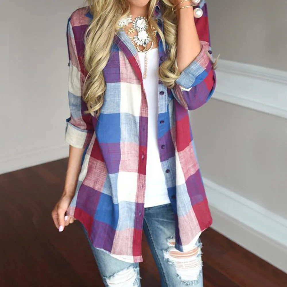 

Lugentolo Women Shirt Plaid Print Summer New Plus Size Fashion Elegant Lapel Casual Long-sleeved Trend Loose Yards Shirts
