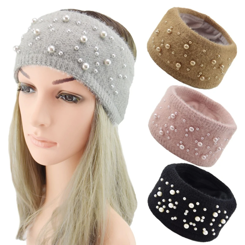 

Women's warm knitting pearl headband imitation mink woven headgear woolen thread headband autumn winter bundle hair accessories