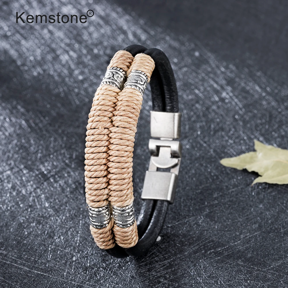 Kemstone двухслойный бежевый веревка обмотки черный кожаный браслет модные