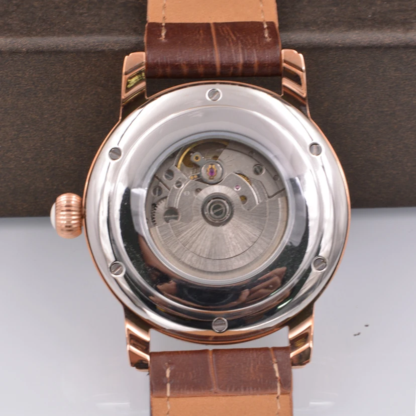 Часы мужские механические с кожаным ремешком и двумя часовыми поясами 43