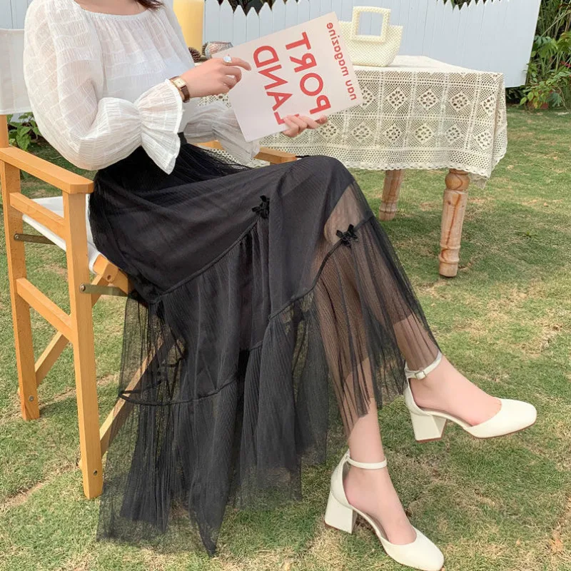 

Long Tulle Midi Skirts Women 2021 Spring Elastic High Waist Mesh Tutu Pleated Skirts Female Korean Style Black White Long Skirt