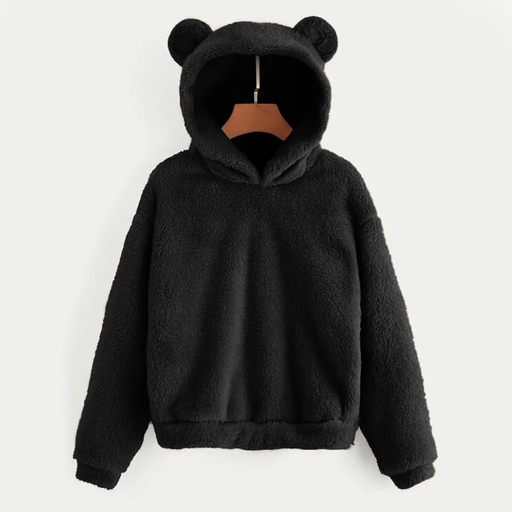 Women Long Sleeve Fleece Sweatshirt Warm Bear Shape Fuzzy Hoodie Pullover Streetwear Women Oversized Hoodies Moletom Feminino