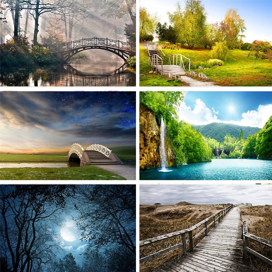 Фон Nitree с изображением водопада ночного неба моста замок феи Сказочный Пейзаж