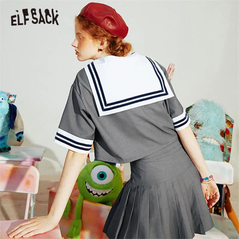 ELFSACK Gray Colorblock Casual Women Sailor Matching Sets 2020 Summer ELF Feminism Korean Ladies JK Uniform Two Piece Suits