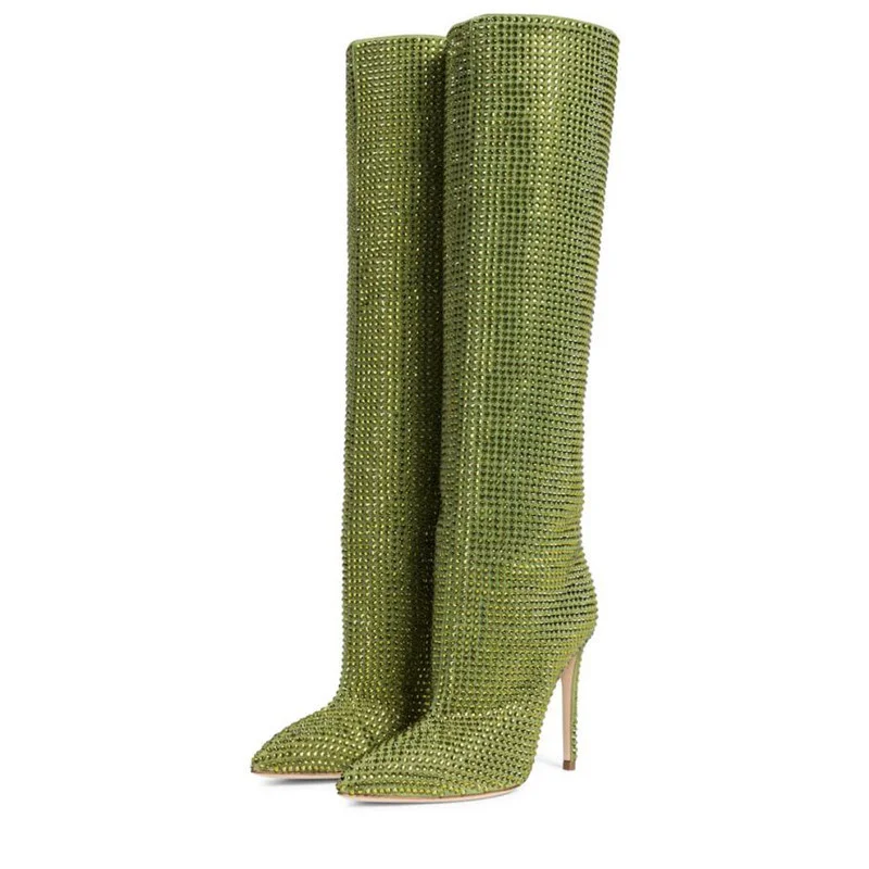 

Long High-heeled Green Diamond Pointed Toe Knee High Boots Shoes Fashion Woman Thin Heels Sequined Cloth Botas Feminina
