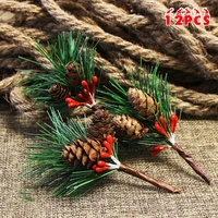 12pcs artificial flower christmas green red berry pine cone holly branch home decor for christmas navidad new year ornament 2023