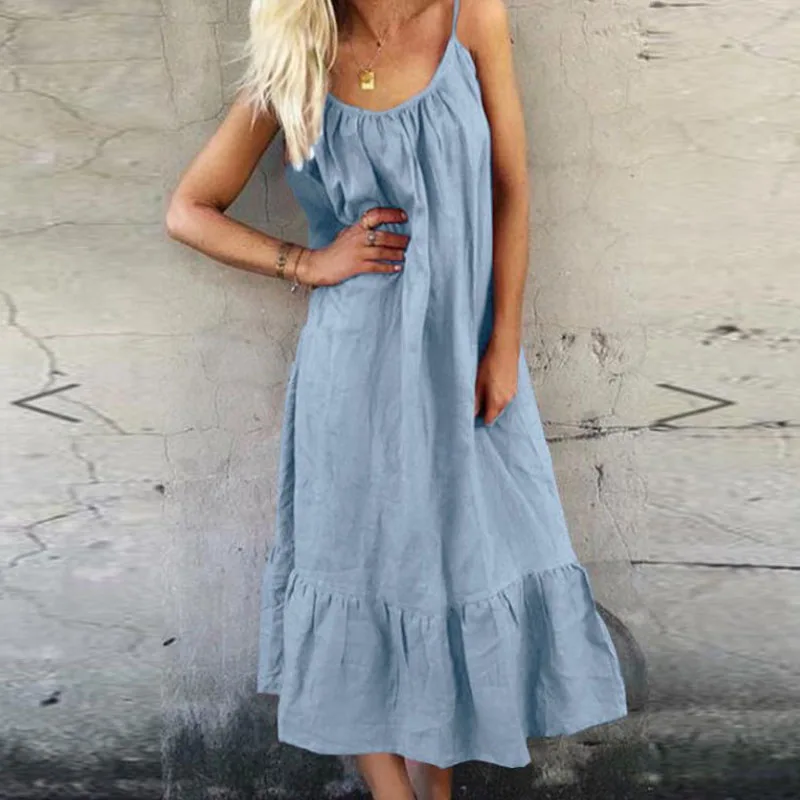 

Summer Casual Cotton Linen Solid Beach Dress Fashion Sling Ruffle Loose Maxi Party Dress Women Sexy O Neck Sleeveless Long Dress