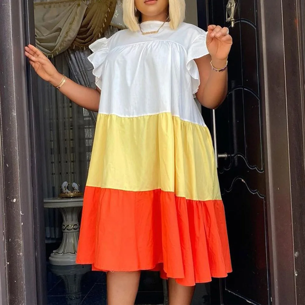 

Women Short Dress 2021 Summer Ruffle Sleeve Color Block Oversized Female Streetwear Casual Dresses Contrast Party Mini Dress 5XL