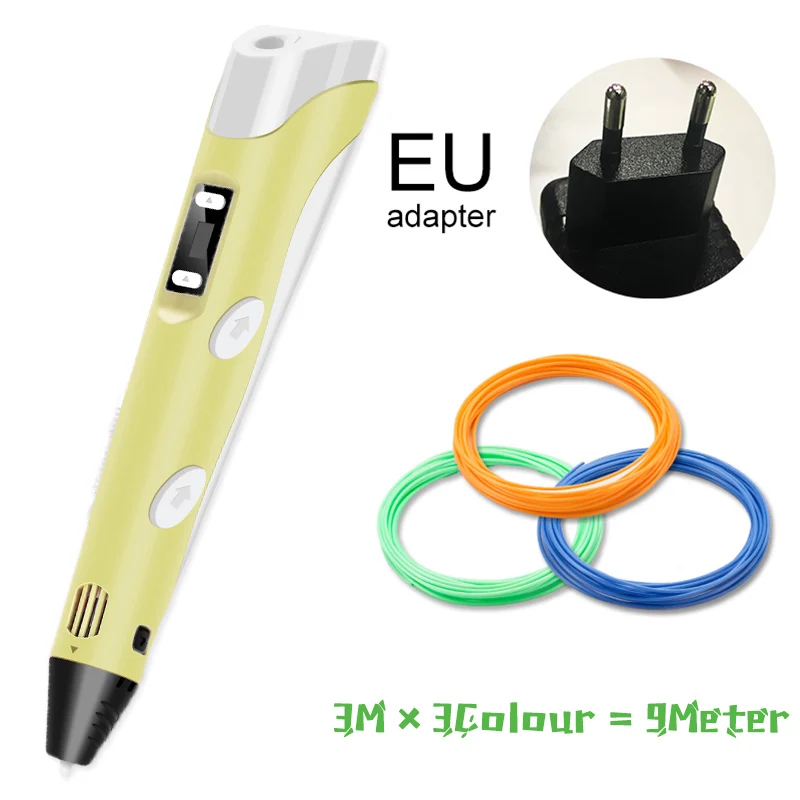 YELLOW 3m3color EU 3D Ручка, три D принтера, ручка для рисования с пластиком, 100 м, PLA/ABS нити, для творчества, подарок на день рождения, Оригинальные рождественские подарки - Цвет: YELLOW 3m3color EU