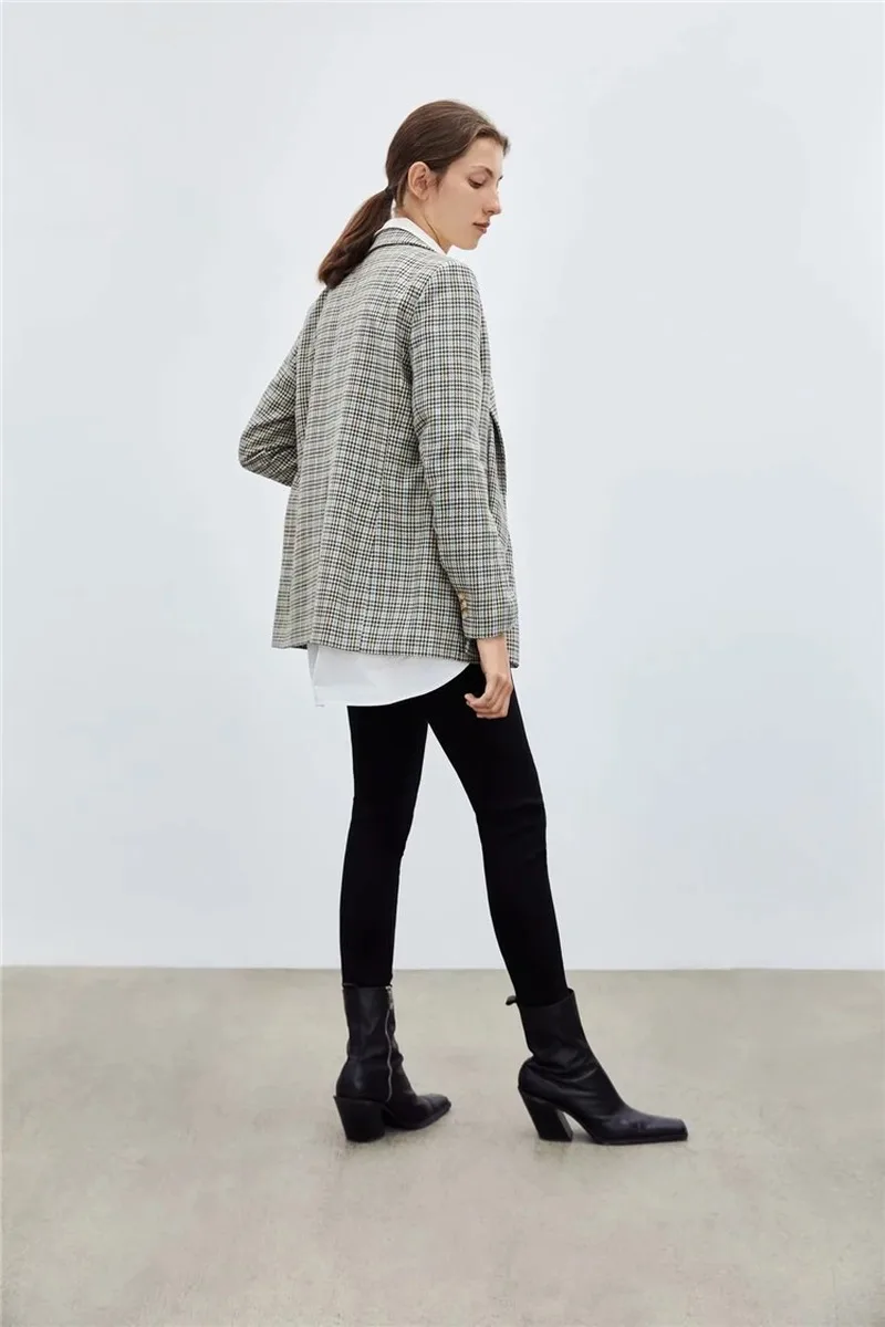 

Vintage Contrast Color Plaid Blazer Suit Office Lady Fashion Double Breasted Mid Length Commute Blazer Women 2021 Formal Clothes