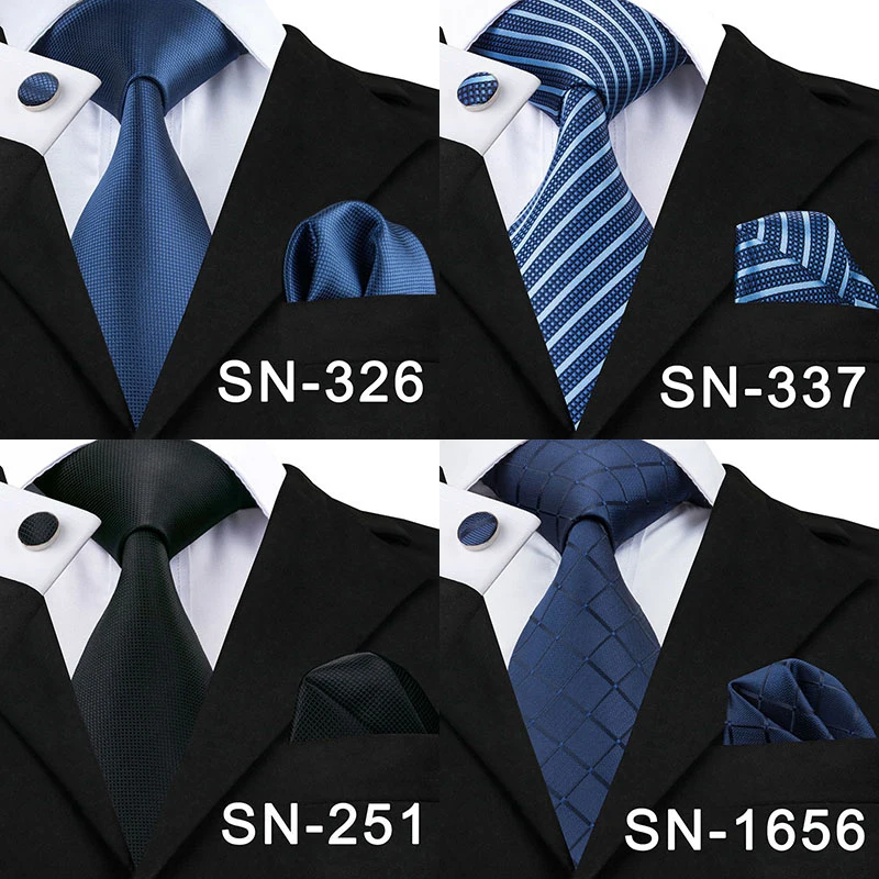 

Business Classic Blue Black Striped Solid Neck Tie for Men Brand Necktie Pocket Square Cufflinks Wedding Party Silk Tie Set