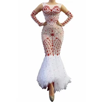 red rhinestone long mesh mermaid dresses women sexy sleeveless wedding party celebration dress singer stage wear