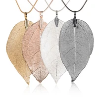 2021 fashion lady natural real leaf pendant necklace for women 4 colors sweater chain charm statement jewelry gifts