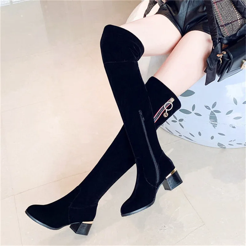 34-42 Сапоги выше колена на каблуке большие размеры женские высокие сапоги черные
