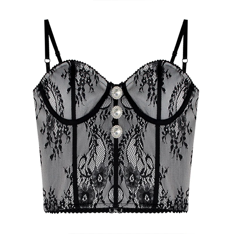 Women Off Shoulder Black Tank Sexy Camisole Lace Bras Tops Diamond Buttons Vest Crop Top Female Fashion Streetwear Club Camis | Женская