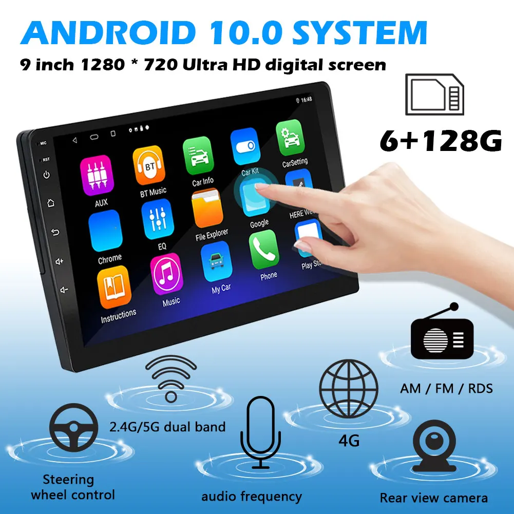 

Автомобильный GPS Android 10 головное устройство 6 ГБ ОЗУ 128 Гб ПЗУ GPS навигация Bluetooth-совместимый WiFi 4G SIM Слот Ultra HD дисплей 1280x720