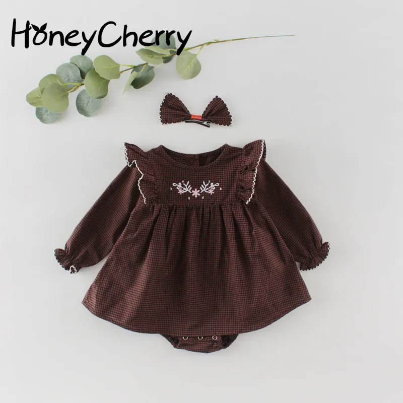 2021 весенние боди для маленьких девочек Клетчатое с длинными рукавами и юбка