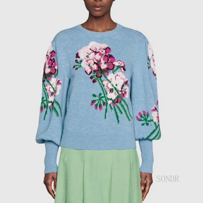 

Женский жаккардовый свитер, винтажный пуловер с рукавами-фонариками и круглым вырезом, Осень-зима 2021