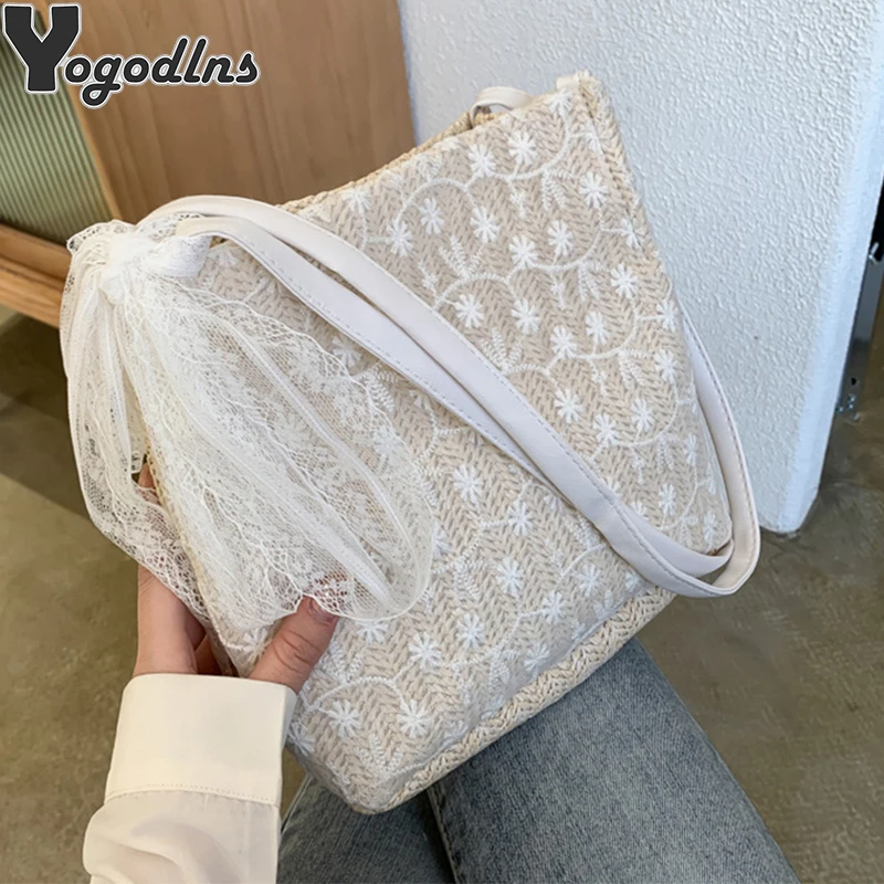 Летняя шикарная кружевная сумка на плечо для девушек женская Соломенная