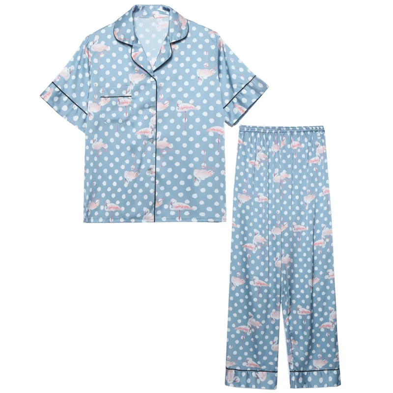 

Intimate Lingerir Women Print 2PCS Pajamas Suit Casual Home Clothing Short Sleeve Summer New Pyjamas Satin Nightwear Sleepwear