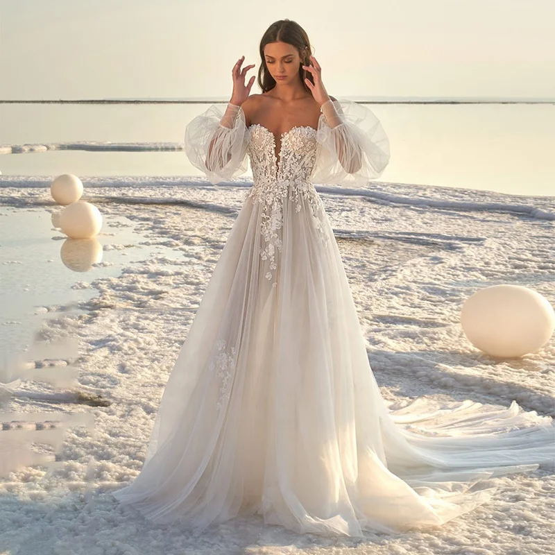 

Свадебное платье с глубоким V-образным вырезом, новинка 2020, Тюлевая аппликация, с открытыми плечами, со шлейфом, сексуальное свадебное плать...