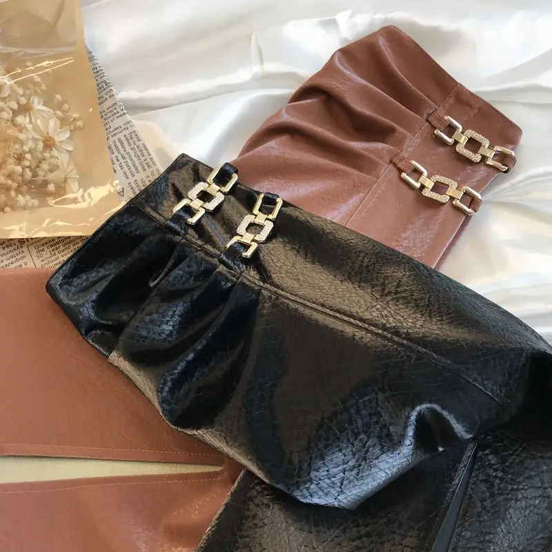 Осенне-зимняя юбка из искусственной кожи с Боковым Разрезом женская модная