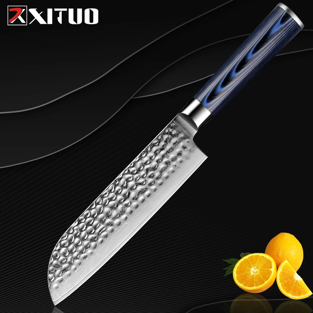 

XITUO Santoku нож из настоящей дамасской стали молоток для шеф-повара ножи с антипригарным покрытием кухонный мясницкий нож для нарезки овощей синего и круглого цвета Новинка