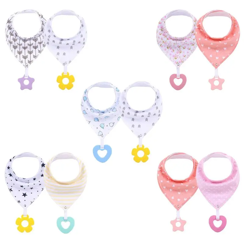 

2 Pcs Baby Bibs with Teether Newborn Bandana Cartoon Triangle Bib Saliva Towel