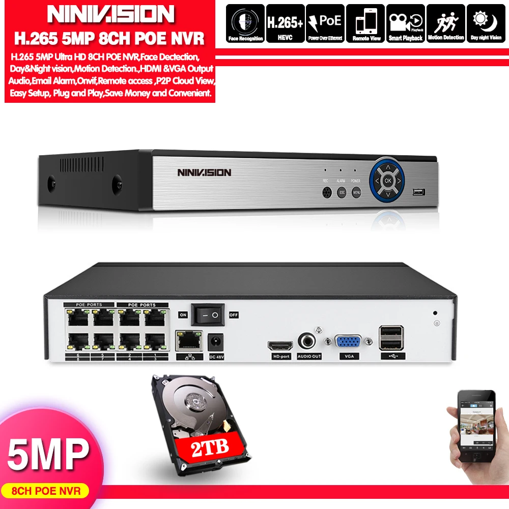 Видеорегистратор NINIVISION H.265 8 каналов 5 Мп NVR POE|Видеорегистратор для