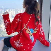 winter sweater women plus size embroidered elk new fashion sweater thick loose knitwear snowflake red pullover christmas sweater