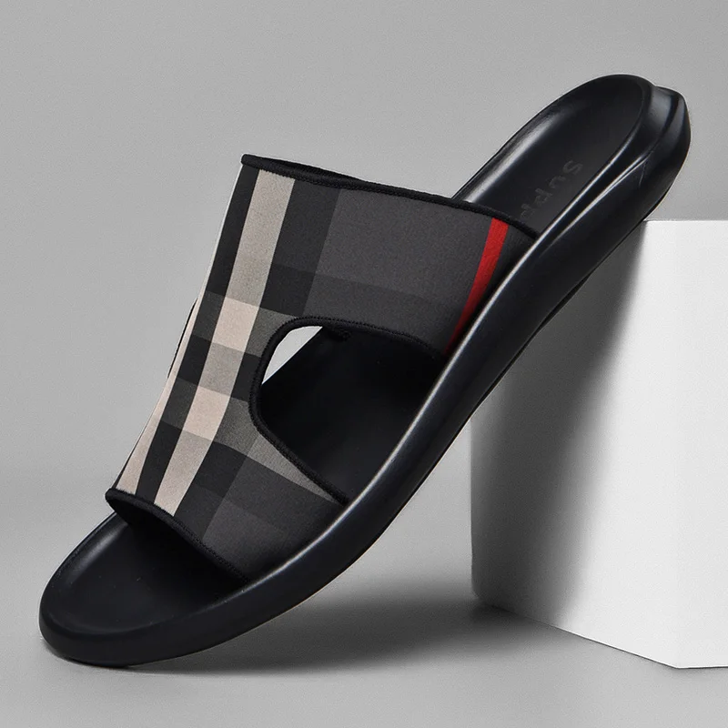 Мужские дизайнерские шлепанцы SUROM черные кожаные сандалии красного цвета для