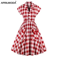 2021 england style summer casual swing dress plaid printed red turn down collar cotton retro vintage pinup rockabilly sundress