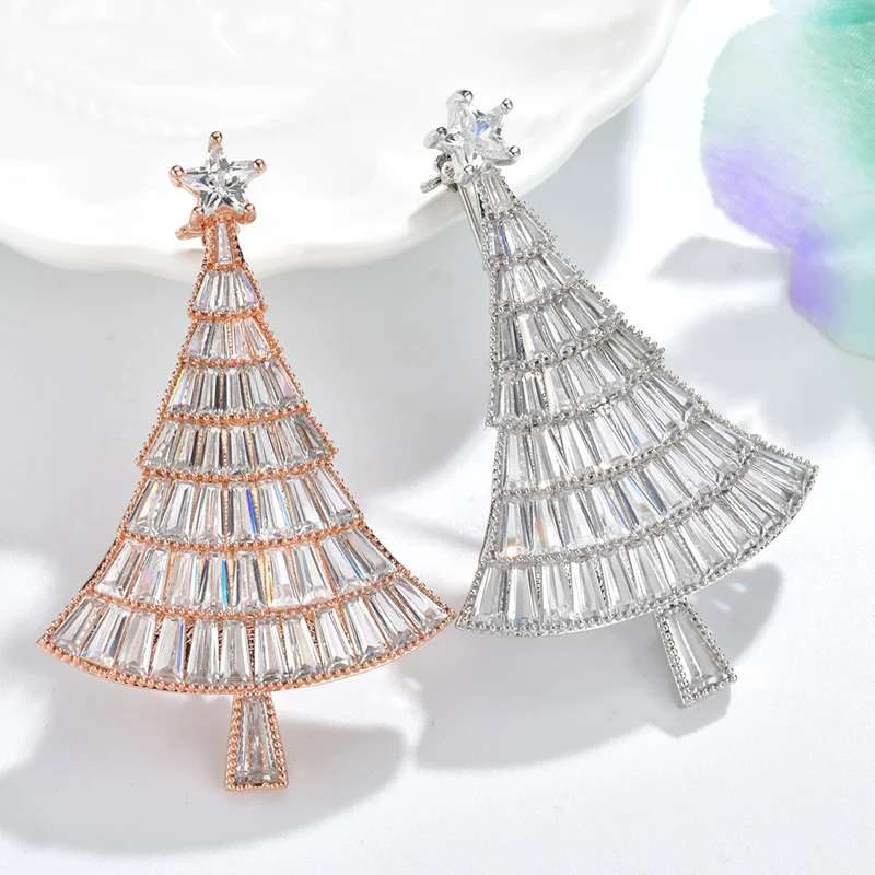 

CZ Crystal Cubic Zirconia Christmas Tree Brooches for Women Shining Luxury Fashion Brooch Pin 2 Colors Available