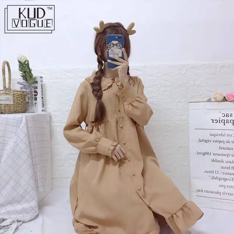 Японское платье в стиле Mori Girl, винтажное платье в стиле Лолиты, рукав-лепесток, пуговица, для женщин, кавайное ТРАПЕЦИЕВИДНОЕ ПЛАТЬЕ с оборками, розовое милое свободное платье феи