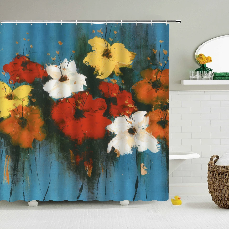 Занавеска для душа с 12 крючками водонепроницаемая моющаяся ткань 3D-принтом