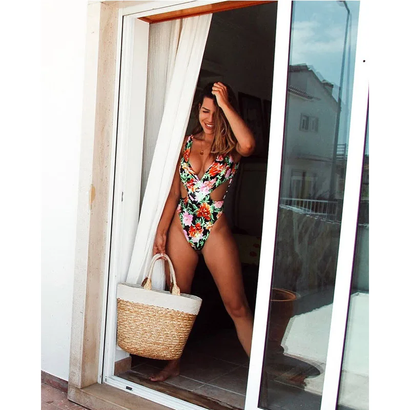 Полый Глубокий V купальник женский цельный Купальники с принтом Монокини 2019