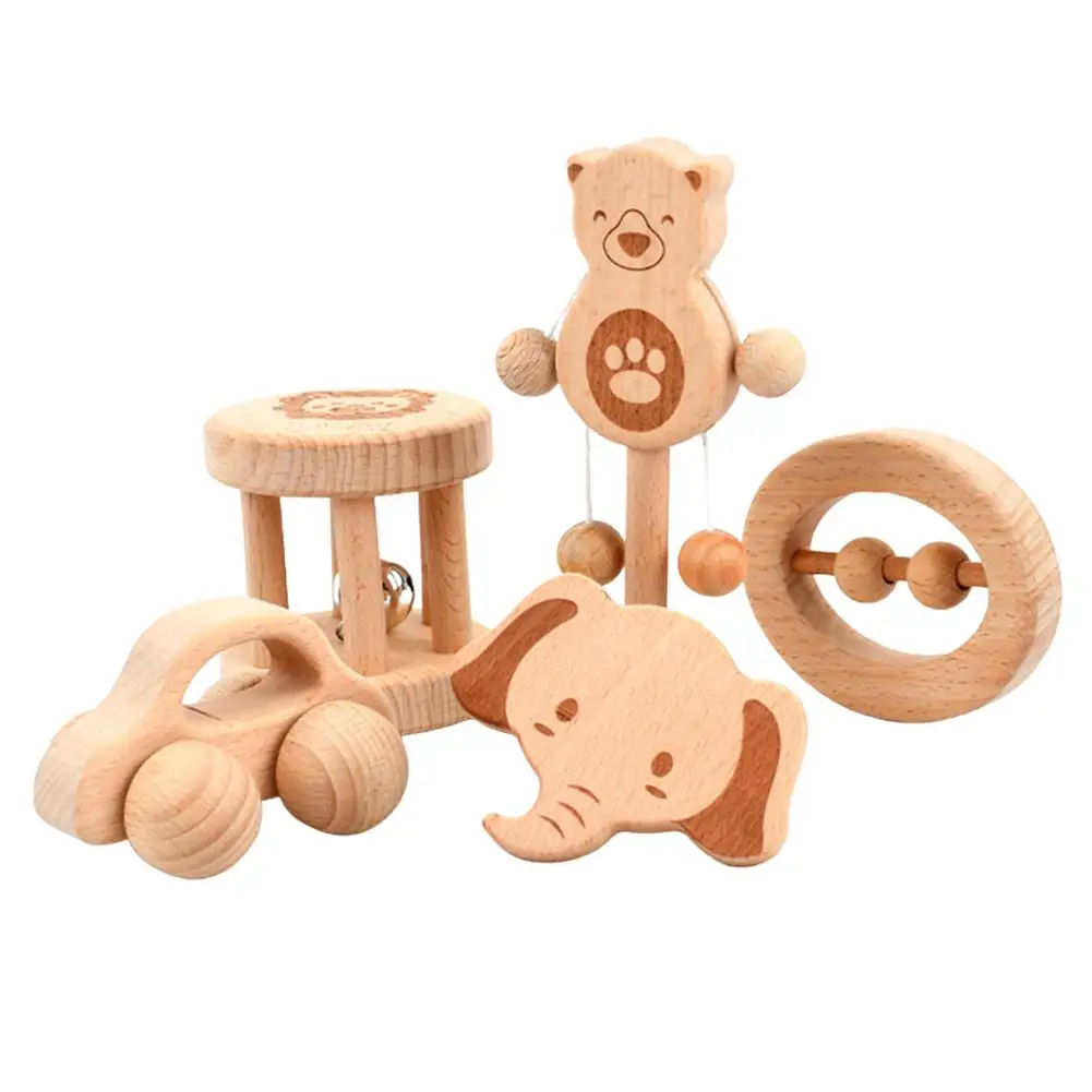 

5 Pieces Wooden Baby Teething Toys Teether Ring Rattle Montessori Toy Cartoon Animal Push Car Bells Infants Babies 0-6 Months