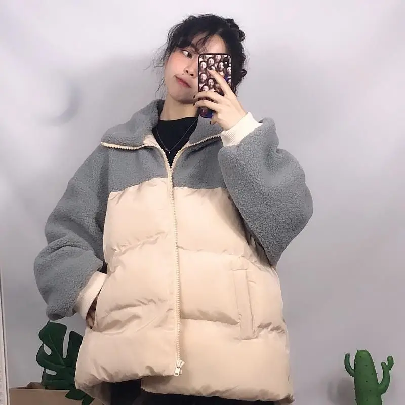 

Женская Стеганая куртка с воротником-стойкой, теплая зимняя куртка в Корейском стиле с имитацией овечьей шерсти, 2021