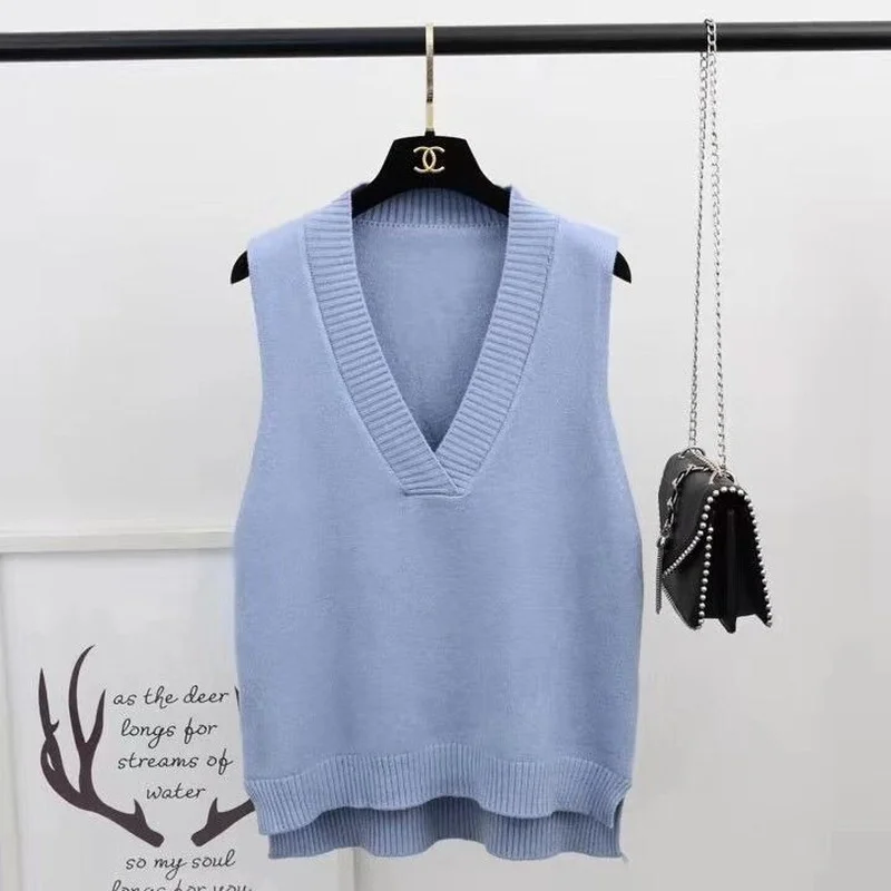 

Women Sweater Vest Knitted Solid Loose V-neck Sleeveless Oversize S-3XL Simple Casual Female Daily Autumn Outwear Leisure Jumper