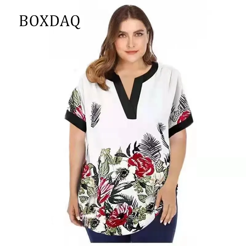 

BOXDAQ 2021 женские блузки, рубашка с коротким рукавом и цветочным принтом, повседневные свободные женские топы с разрезом и v-образным вырезом, л...