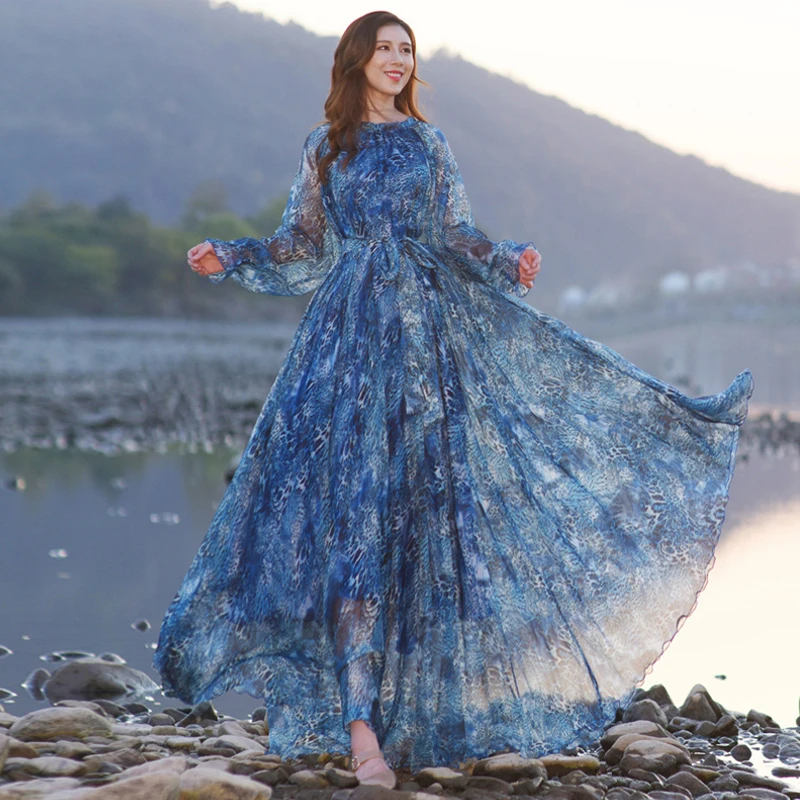 

2022 New Round Neck Fashion Leopard Print A Shape Dress Long Sleeve Maxi Dress bangkok Dress Plus Size Beach Holiday Dresses