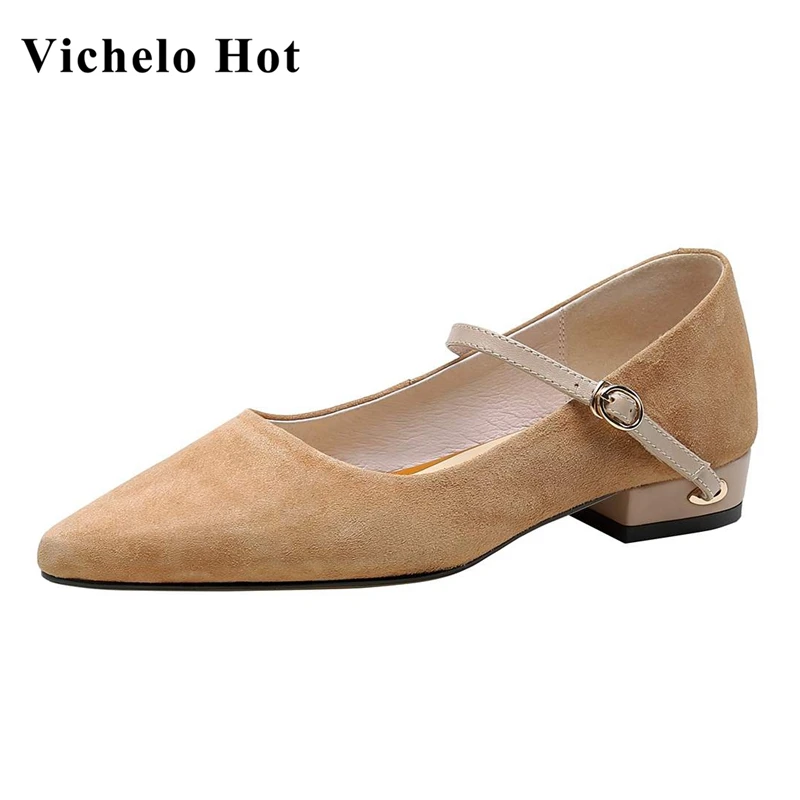 

Vichelo Hot new sheep suede pointed toe low heels shallow metal fasteners solid ballet daily wear buckle straps women pumps L36
