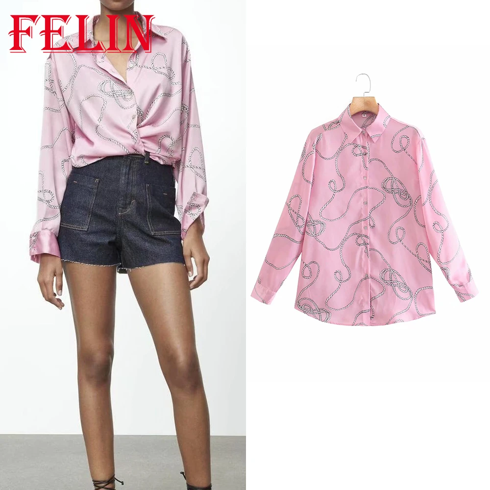 

Za 2021 Women Chic Pink Geometric Print Loose Shirts Single Button Stain Streetwear Blouses Stylish Elegant Mujer Tops
