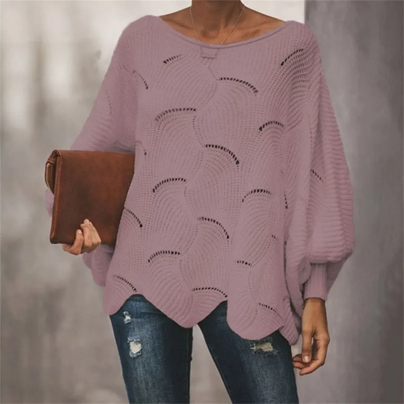 JK01Light purple 5XL осень зима женский свободный свитер Повседневный мягкий фонарь рукав выдалбливают Пуловеры Леди o-образным вырезом волновой подол Топы Плюс Размер - Цвет: JK01Light purple