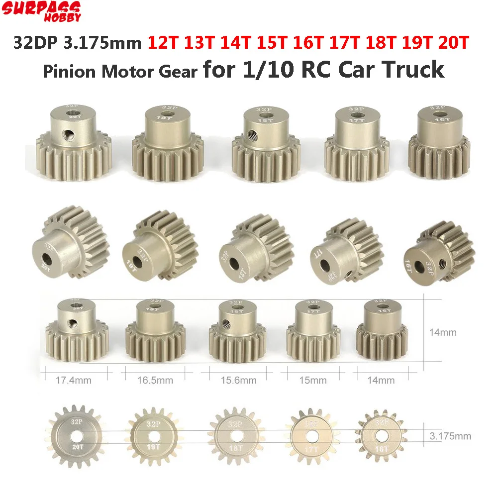 

SURPASS HOBBY 5Pcs 32DP 3.175mm 12T 13T 14T 15T 16T 17T 18T 19T 20T Metal Pinion Motor Gear Set for 1/10 RC Car Truck