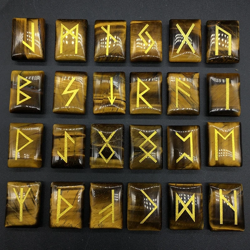 

25Pcs Tigereye Healing Gemstone Rune Stones Engraved Elder Futhark Rune Set Meditation Divination Healing Chakra Reiki