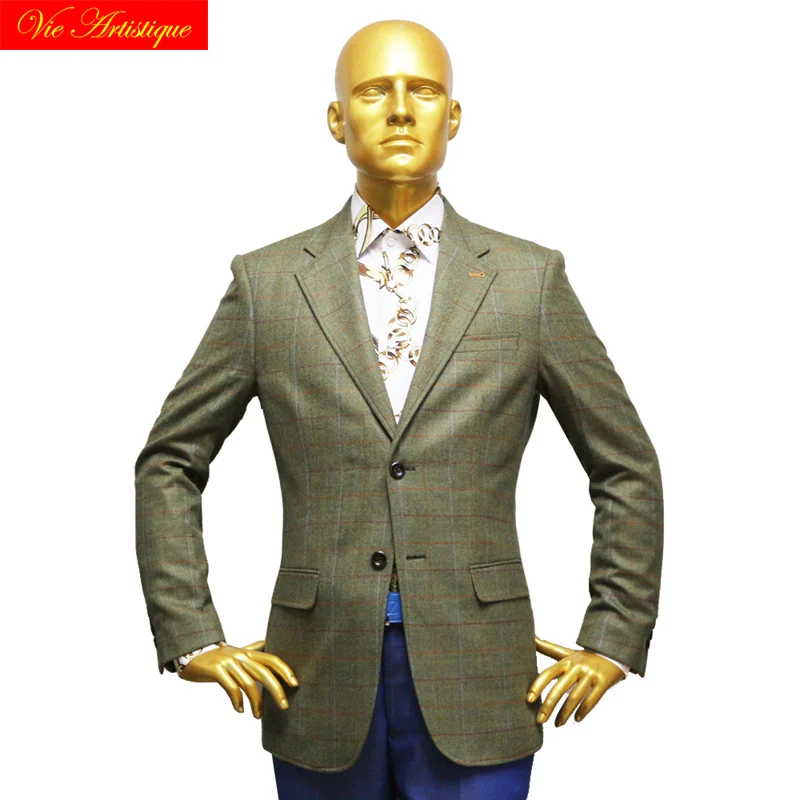 

custom tailor made Men's bespoke suits business formal wedding ware bespoke Jacket coat tweed wool slim fit olive window plaid