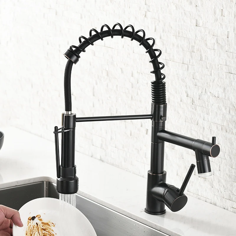 Светодиодный кухонный смеситель FLG пружинный Выдвижной латунный кран черного